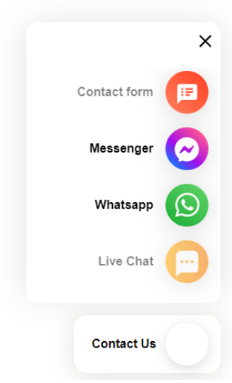 LiveAgentin Ota yhteyttä -painike, jossa on useita viestintäkanavia, jotka tarjoavat saavutettavaa tukea