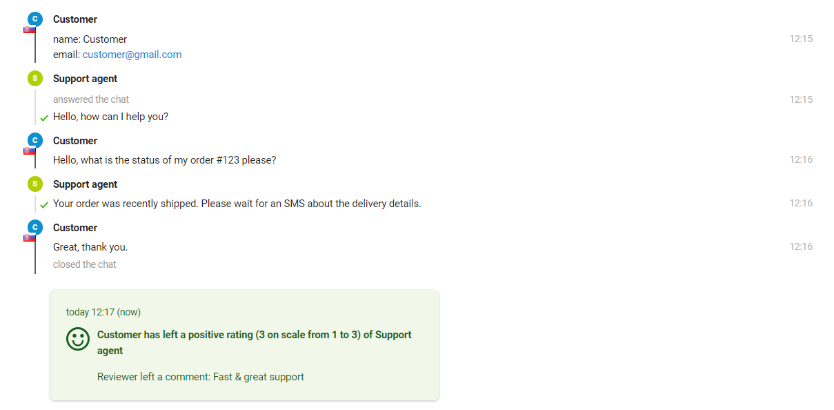 Kuva näyttää vuorovaikutuksen asiakkaan ja tukiagentin välillä, jossa agentti voi nähdä arvioinnin viestin lopussa