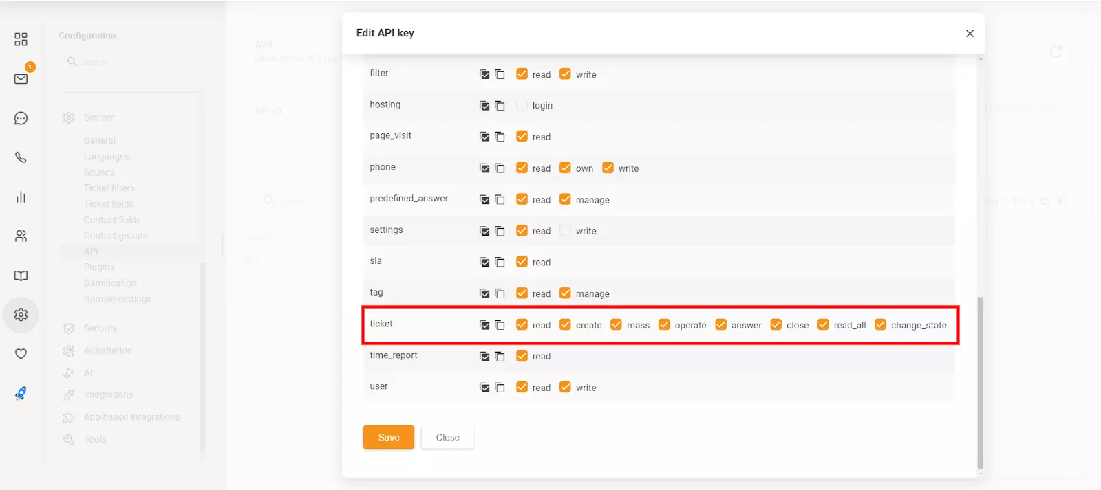 LiveAgentin Muokkaa API-avain -osio, jossa näkyvät uudet 'close' ja 'change_state' -käyttöoikeudet