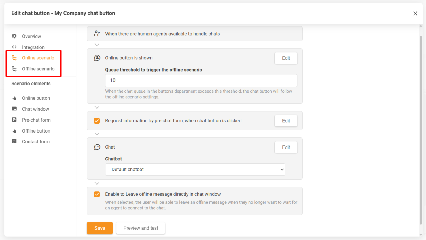 LiveAgent chat-painikkeen konfiguraatioikkuna, joka näyttää online- ja offline-skenaariot