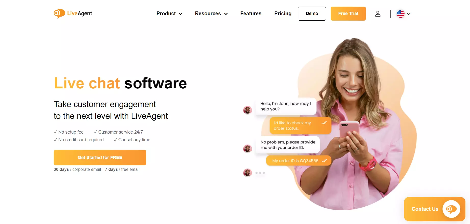 Kuvakaappaus LiveAgentin etusivusta, live chat -ohjelmisto tosielämän yhteyksiin