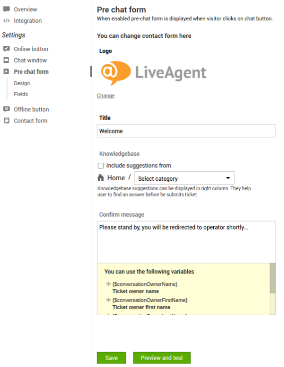 Kuva chat-lomakkeen yleiskatsauksesta ennen LiveAgent live chat -ohjelmistossa.