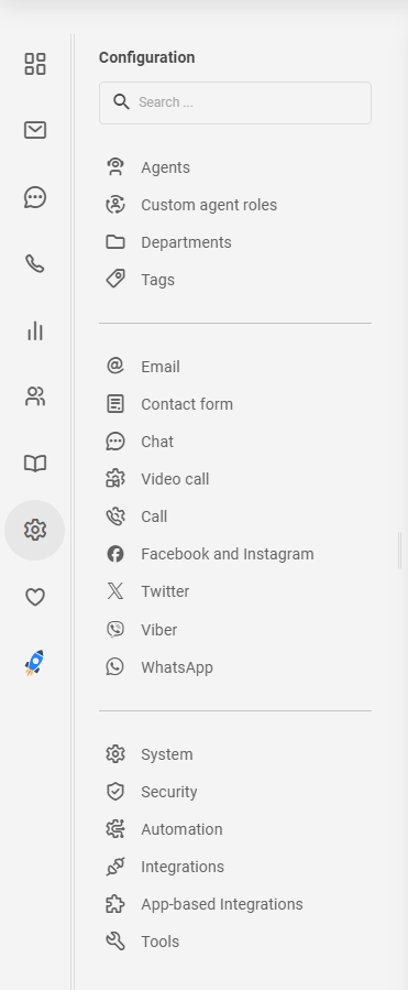 Luettelo kuvakkeista LiveAgentin valikossa