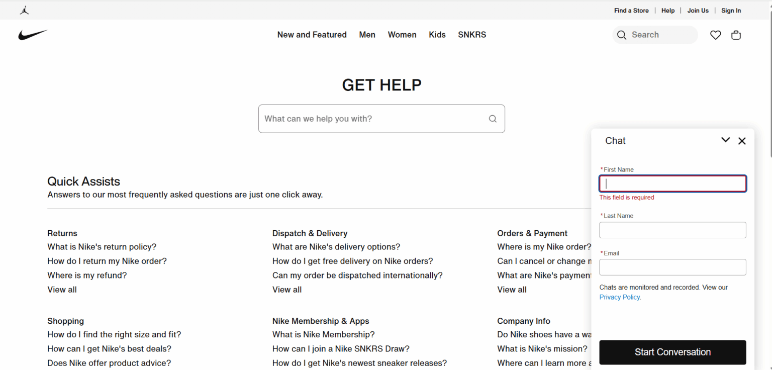 AI Chatbot Nike-verkkosivulla