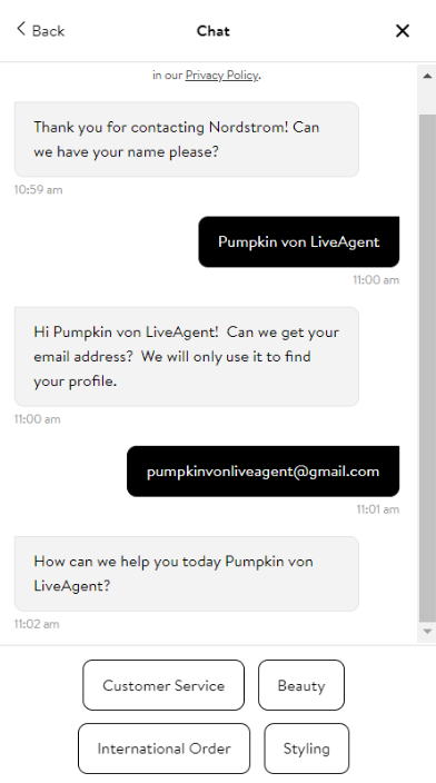 Nordstromin chatbot-ominaisuus