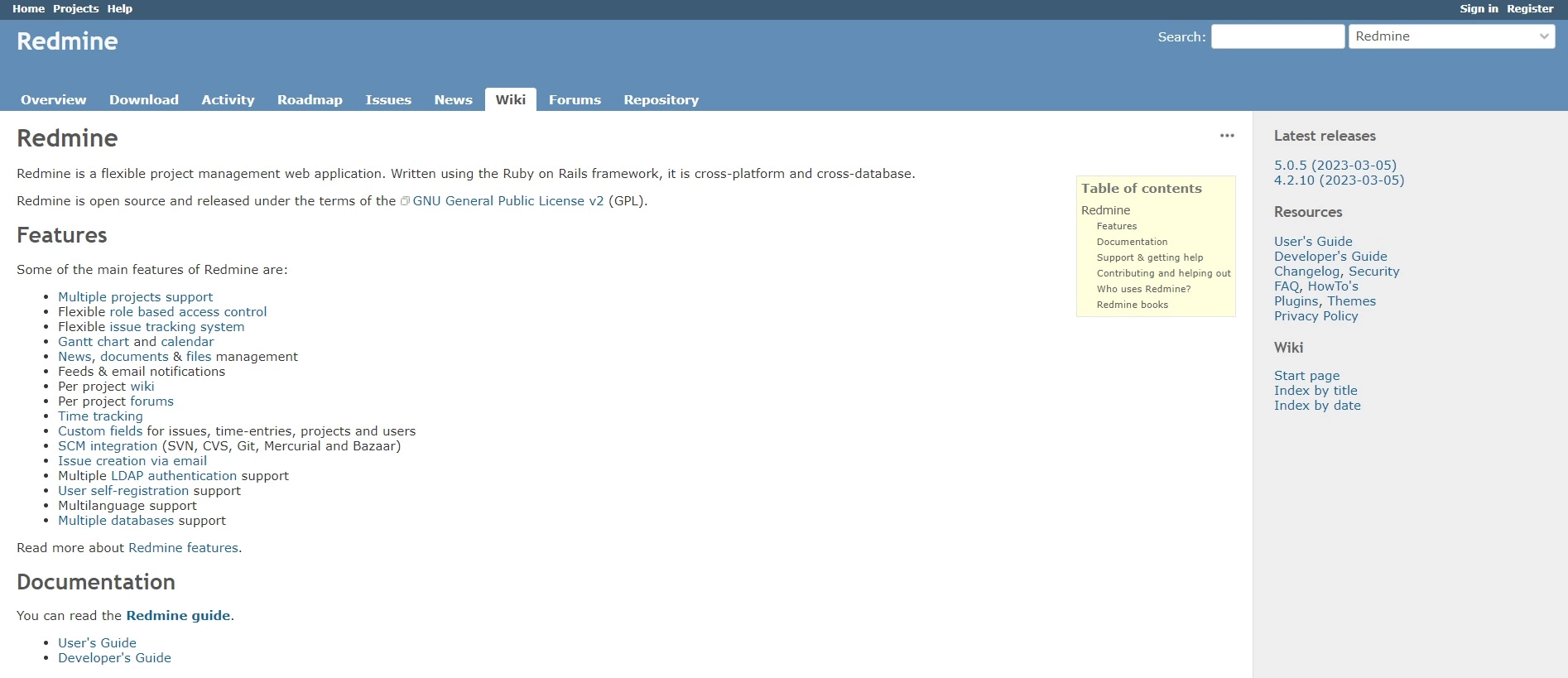 Redminen kotisivu - avoimen lähdekoodin alusta, joka voi auttaa sinua automatisoimaan prosesseja ja auttaa tehtävien suunnittelussa organisaatiosi tehokkuuden parantamiseksi.