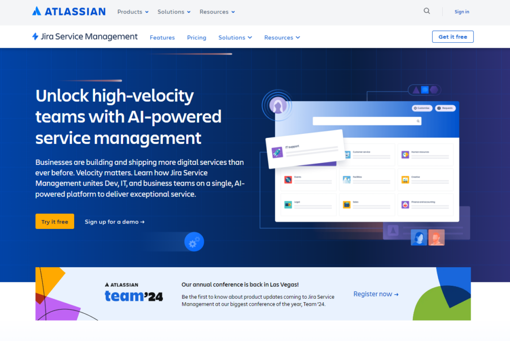 Jira Service Management kotisivu, Help Scout -vaihtoehto help desk -ohjelmistolle