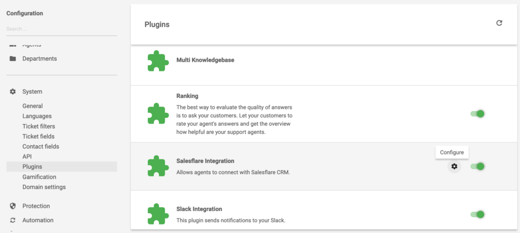 Salesforce-integraatioplugin aktivoituna LiveAgentissa