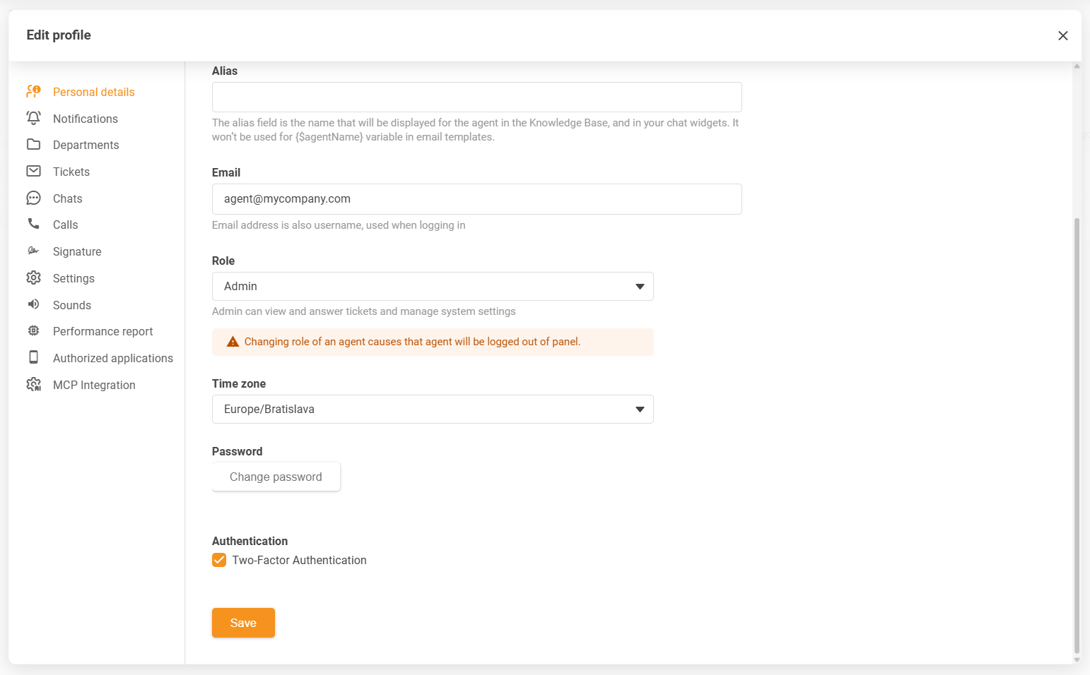 LiveAgent agentin profiili aikavyöhykkeen asetukset