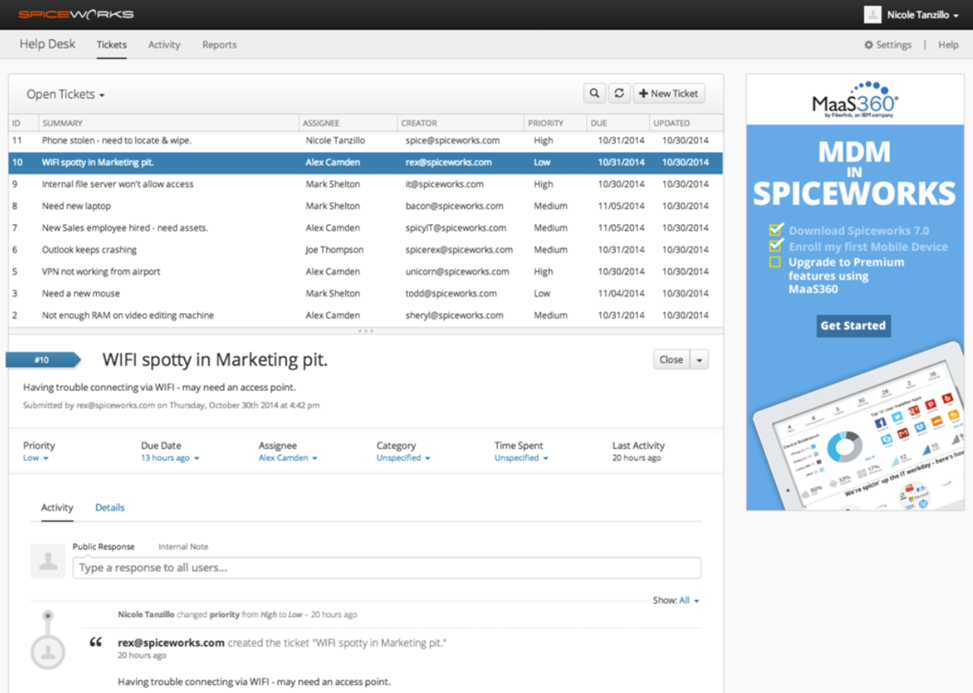 Spiceworks Cloud Help Deskin ilmainen paketti - tiketijono tilan ja vastuuhenkilön sarakkeilla