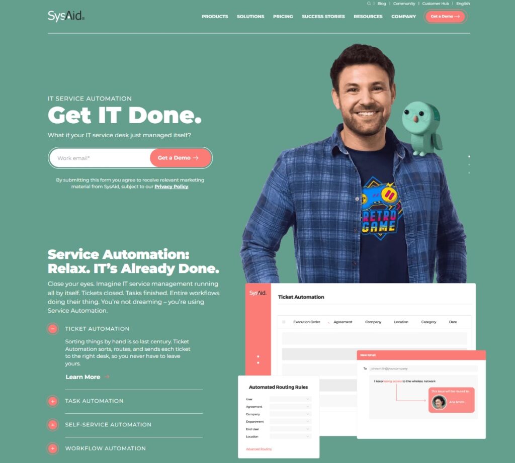 Kuva SysAidin kotisivusta - all-in-one palvelun hallintaohjelmisto IT-ammattilaisille