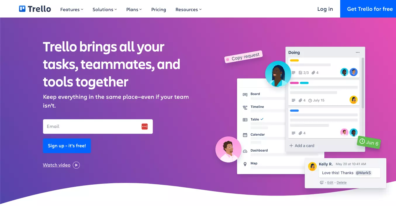 Trellon kotisivu - pidä työsi järjestäytyneenä ja seuraa yksittäisiä tehtäviä yhdestä alustasta.