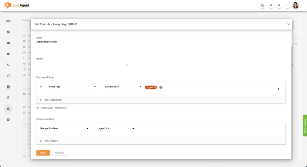 Creating urgent SLA rule in LiveAgent