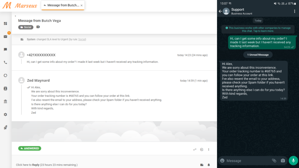 WhatsApp-viesti näytetään lipuna LiveAgentissa