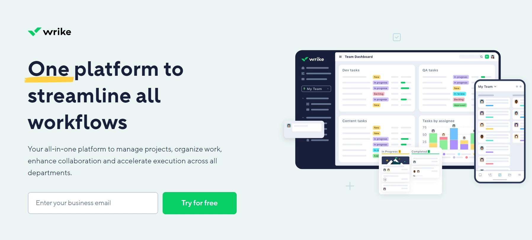 Wriken kotisivu - kaikki-yhdessä-alusta projektien hallintaan, työn järjestämiseen ja yhteistyön parantamiseen osastojen välillä.