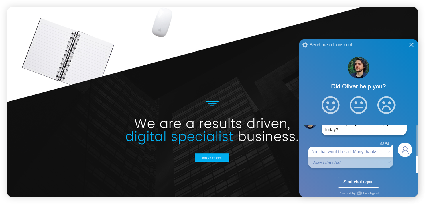 Esimerkki yrityksen agentin arviointiikkunasta