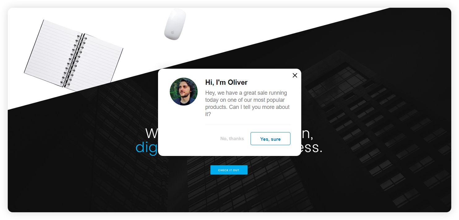 Esimerkki yrityksen proaktiivisesta chat-kutsusta