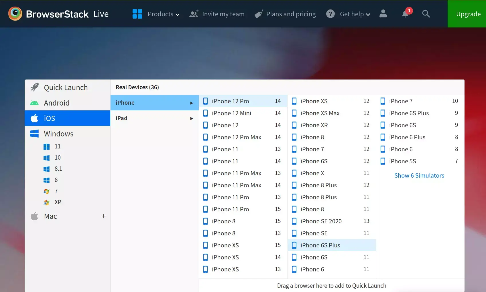 BrowserStack simuloi monia mobiilialustoja ja käyttöjärjestelmäversioita