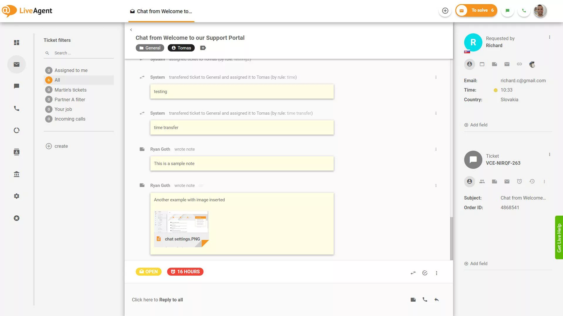 Muistiinpanot lipukkeen sisällä LiveAgentissa