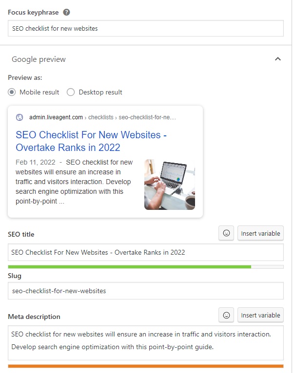LiveAgent - esimerkki avainsanasta, SEO-otsikosta ja metatietojen kuvauksesta