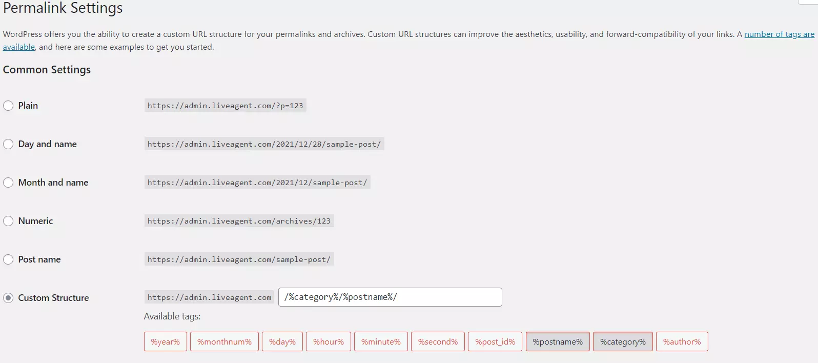 Esimerkki pysyvän linkin asetuksista