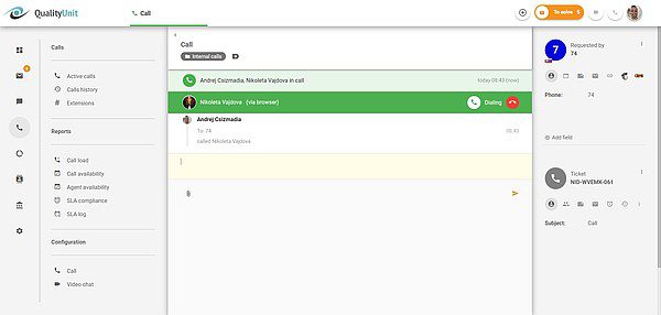 LiveAgent sisäiset puhelut käynnissä