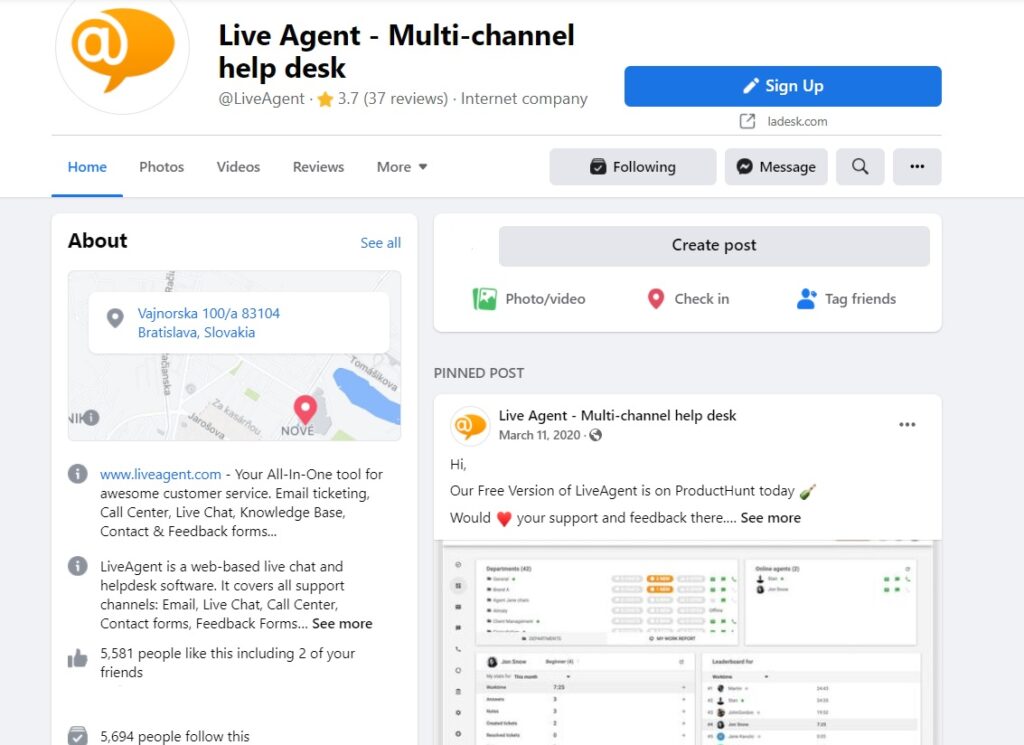 LiveAgent Facebook -kotisivu