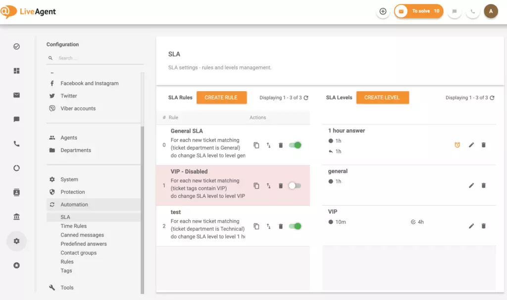 LiveAgent-vastaus- ja ratkaisuajan SLA-asetukset