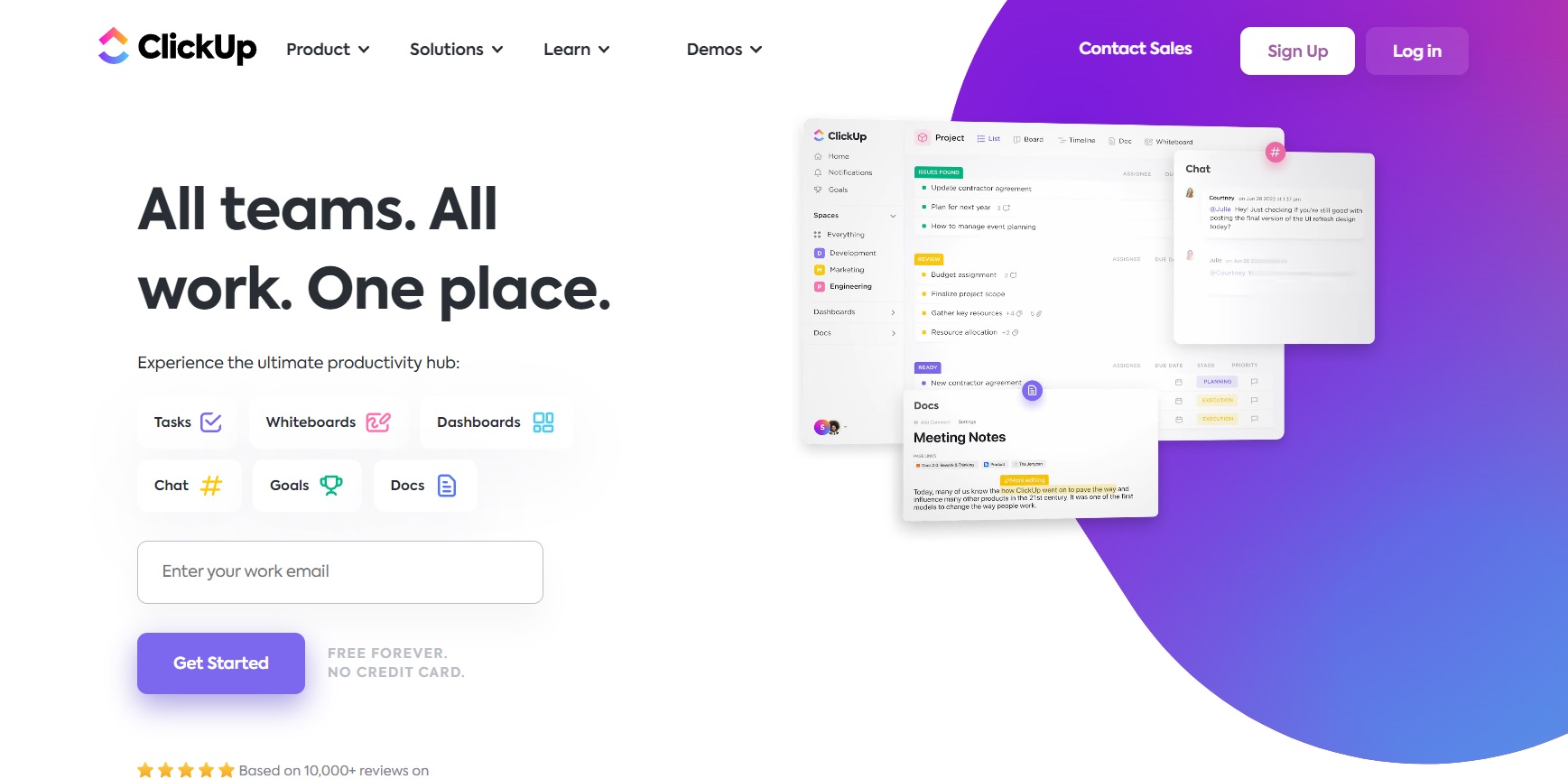 ClickUpin kotisivu - suunnittele, seuraa ja hallitse helposti projektejasi yhdestä paikasta.