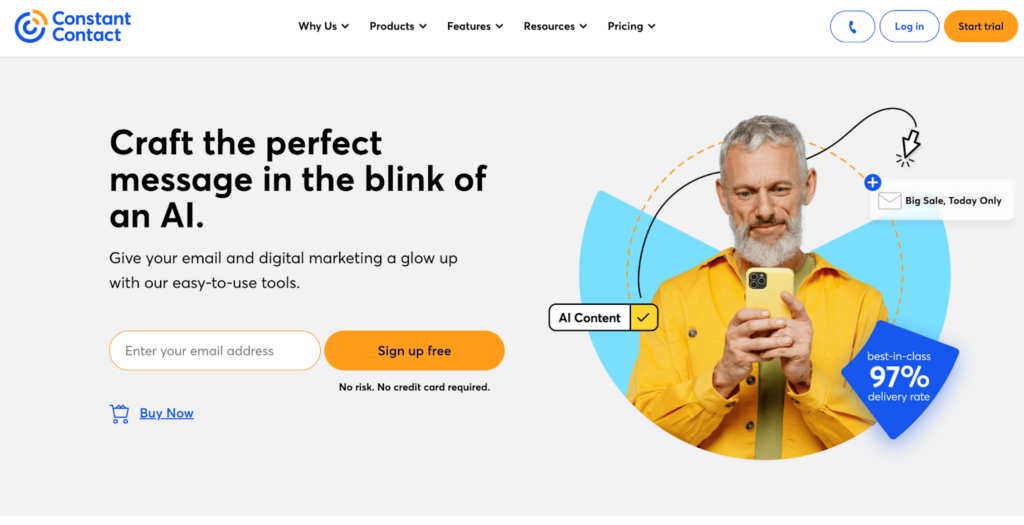 Constant Contactin kotisivu, sähköpostimarkkinointi- ja hallintaohjelmisto