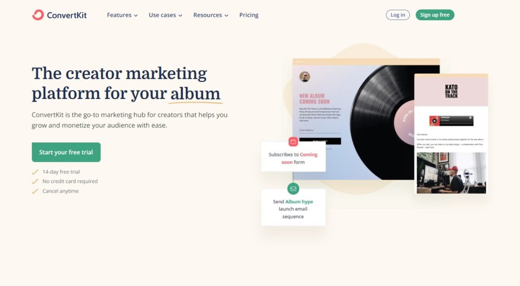 ConvertKitin kotisivu, sähköpostin hallintaohjelmisto luojille