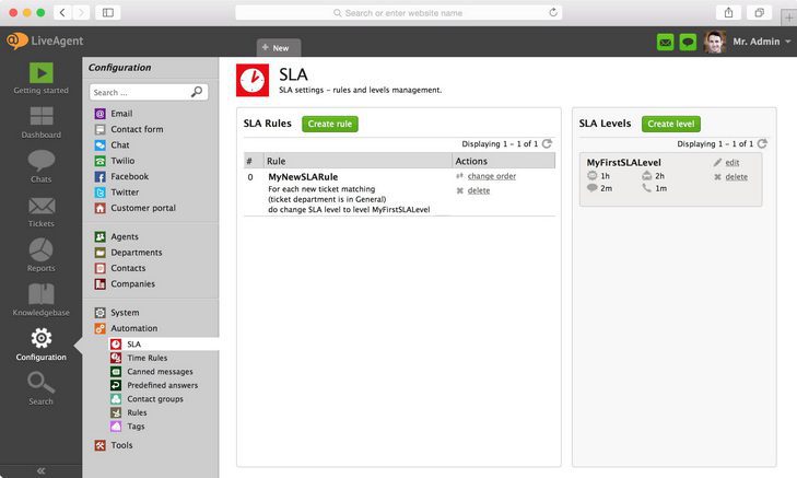 Kuva näyttää, mistä löydät SLA-asetukset LiveAgentissa