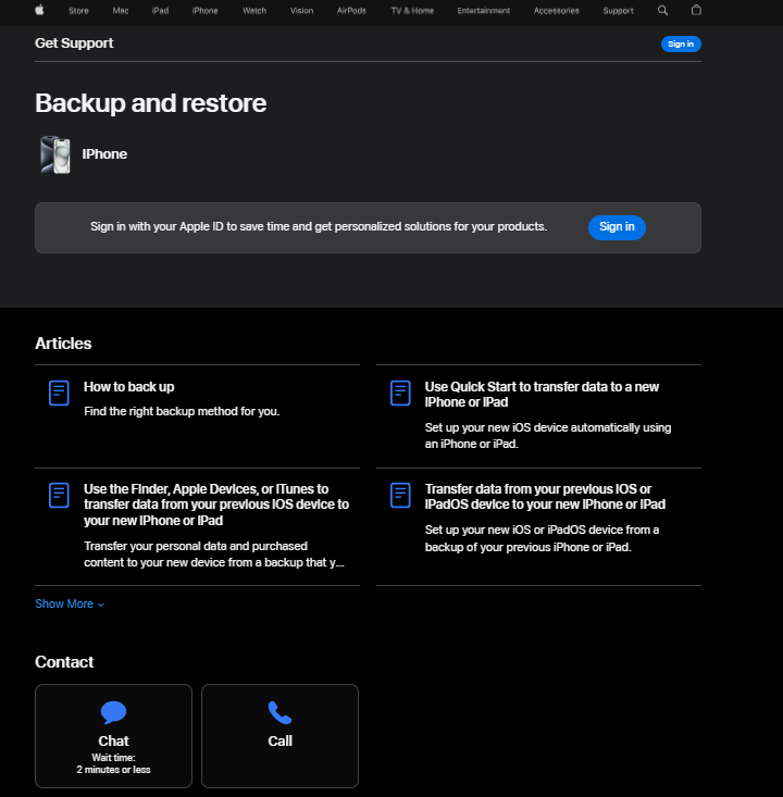 Applen tukisivu, joka näyttää heidän tukivaihtoehdot
