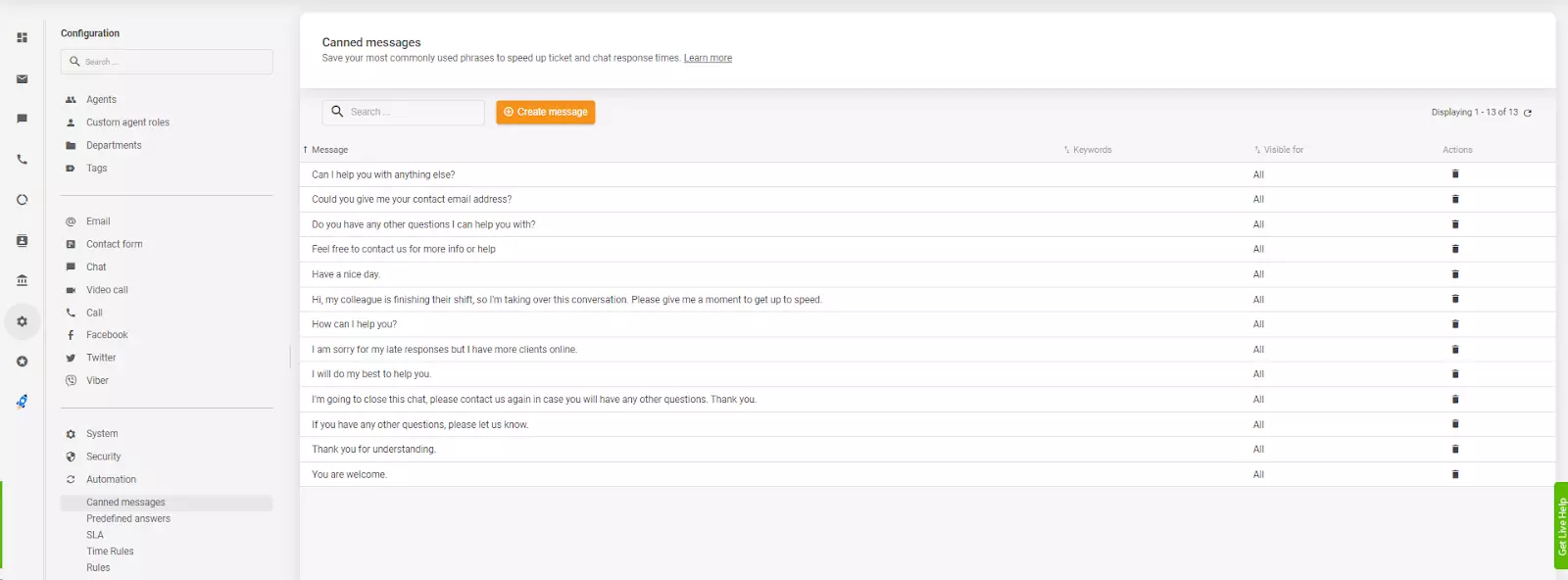 Valmiit vastaukset automatisoinnin alla LiveAgent-agentin käyttöliittymässä
