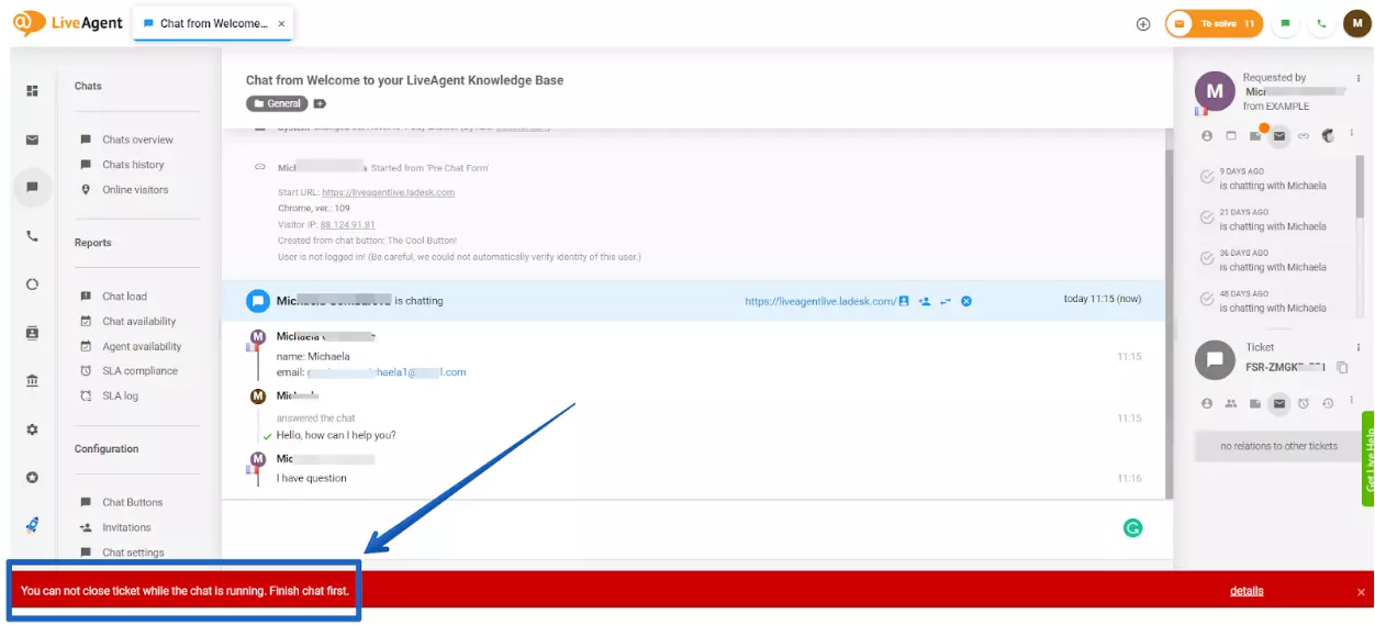 LiveAgent - ratkaisematon chat -varoitus