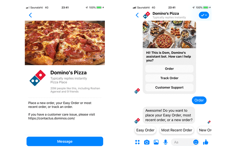 Domino's Pizza Messenger live chat tilausten tekemiseen