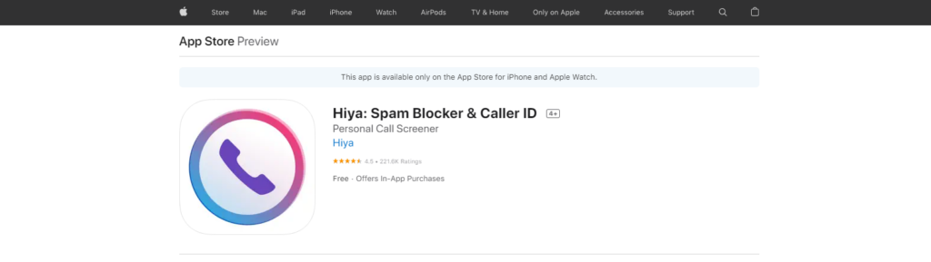 Hiya: Spam Blocker & Caller ID App Store -sivusto
