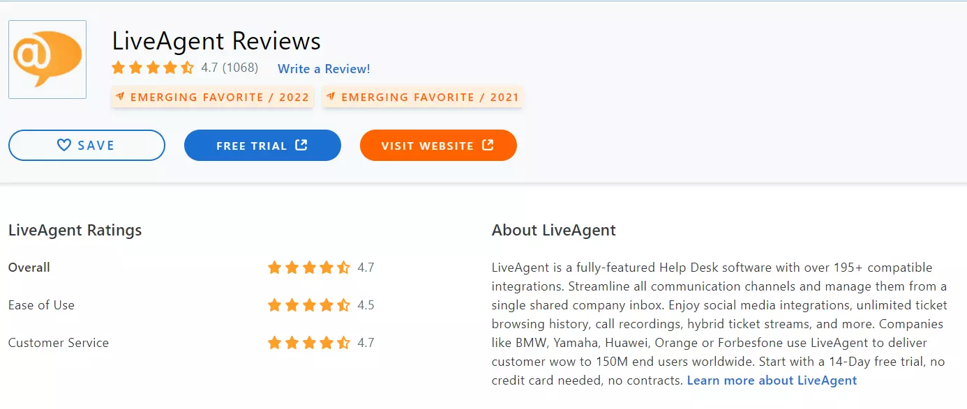 LiveAgent Capterra-arvostelu 2022