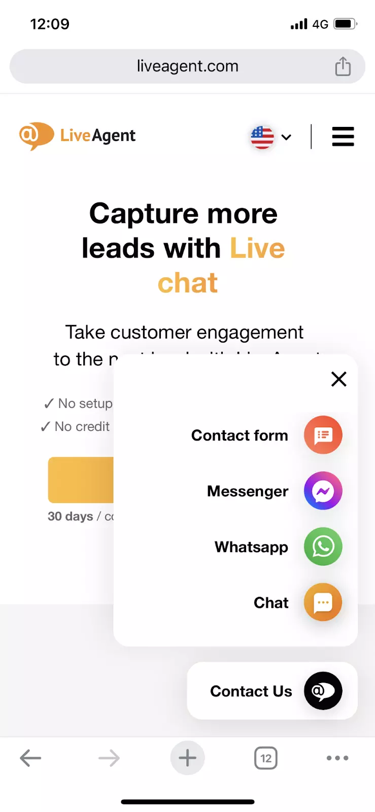 LiveAgent live chat -widget mobiilissa näyttää useita kanavia