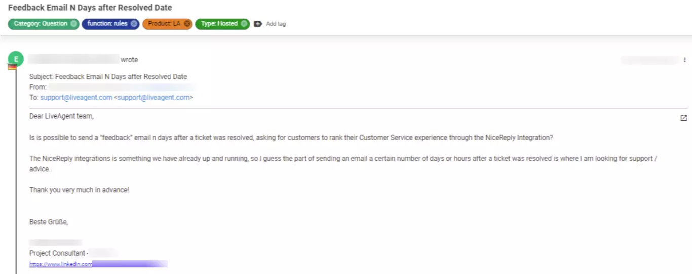 Kuvakaappaus lipusta, joka näyttää asiakkaiden ongelman, jota pidetään matalan prioriteetin ongelmana.