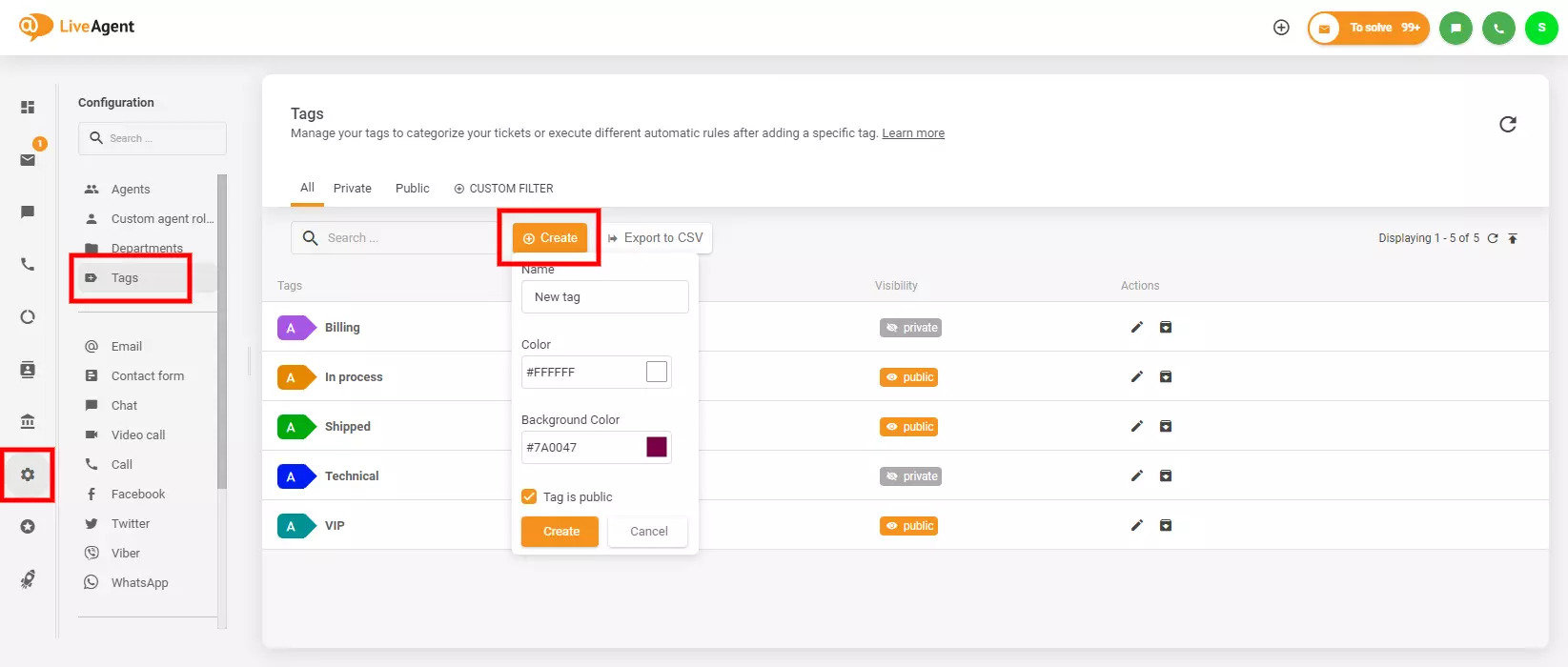 Kuva näyttää, mistä löydät ja luot tunnisteita LiveAgentissa