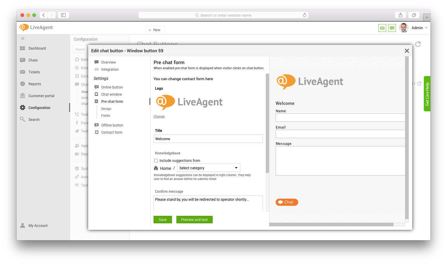 Chat-edeltävä lomake-ikkuna kentillä ja esikatselu
