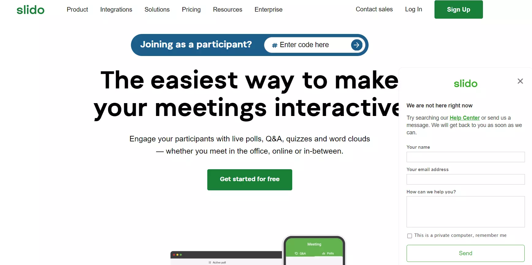 Slido-kotisivu heidän chatboxillaan