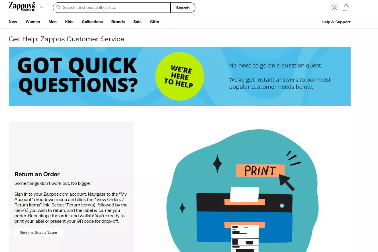 Zapposin tukisivu, joka näyttää heidän tukivaihtoehdot