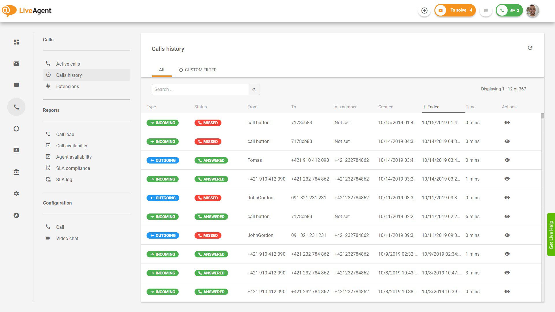 Yleiskatsaus LiveAgentin puhelinkeskuksen käyttöliittymään.