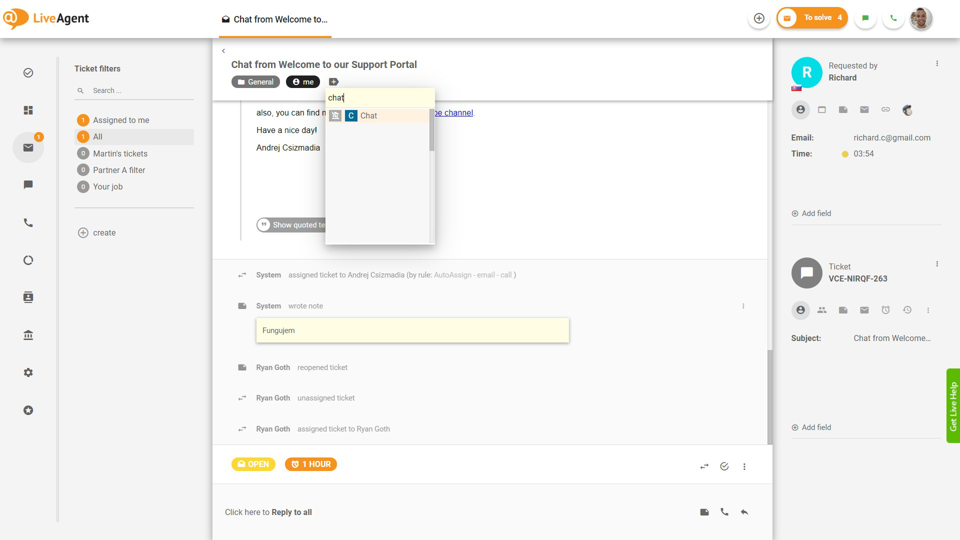 Tunnisteen lisääminen lippuun LiveAgentissa