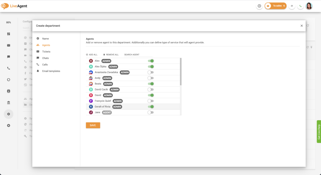 Agenttien lisääminen osastoihin