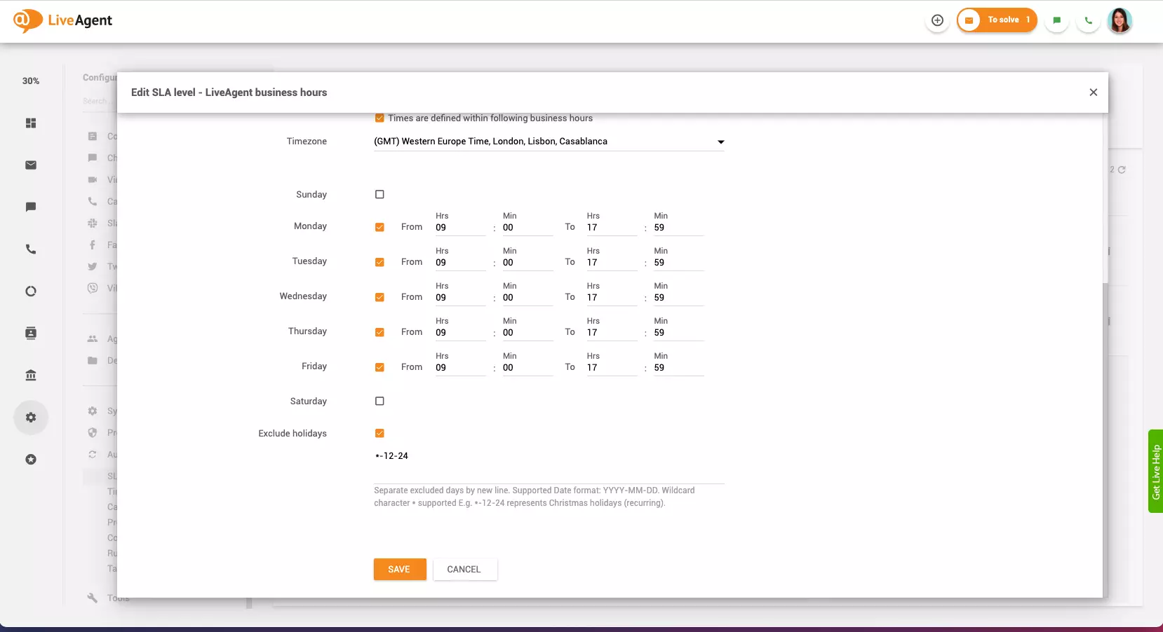 Työaikojen asetus LiveAgentissa