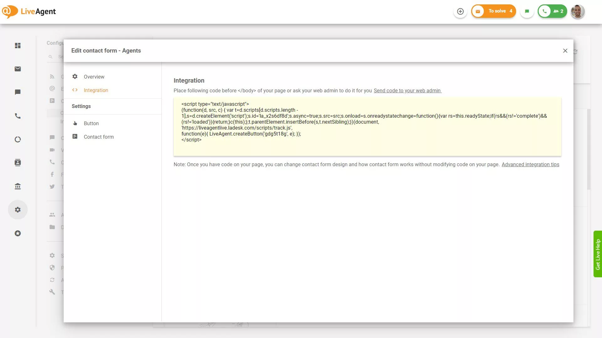 LiveAgent yhteydenottolomakkeen integroinnin koodi