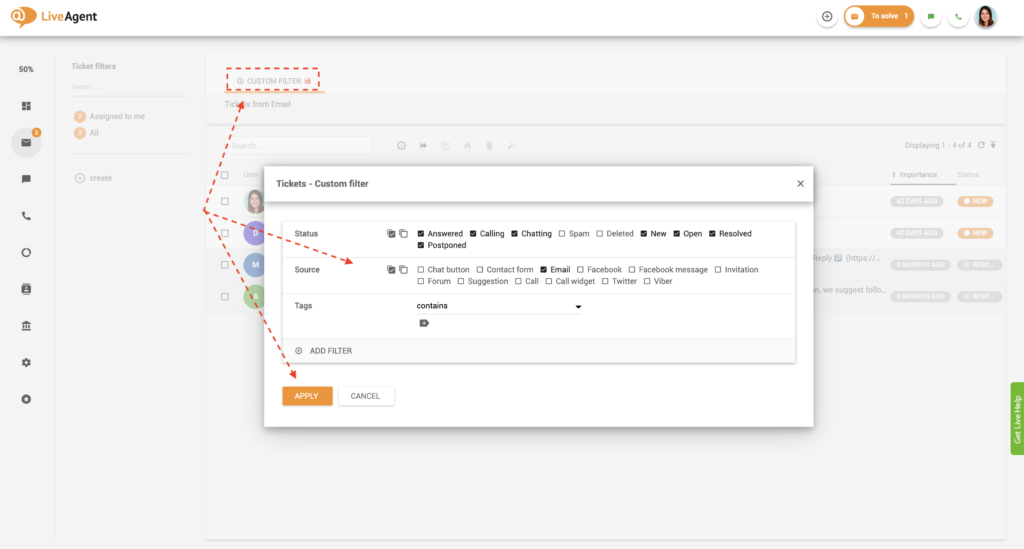 Mukautetun suodattimen vaihtoehdot